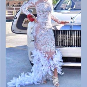 Stunning Sparkly Prom Dress With A White Feathered Train